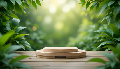 Twotiered wooden podium table for product display with green leaves background, perfect for organic products