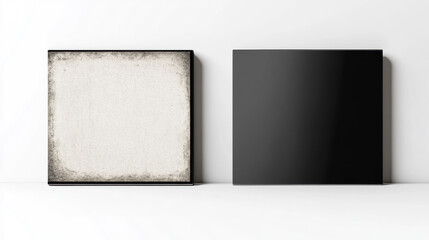 Worn ink effect cd cover classic serif style high fidelity vintage black white square minimal empty isolated mockup emotional nostalgic retro music album template blank grunge textured front back