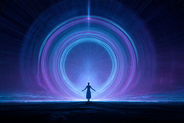 Fototapeta premium Human figure enveloped in Kirlian energy circles, vibrant and dynamic abstract illustration.