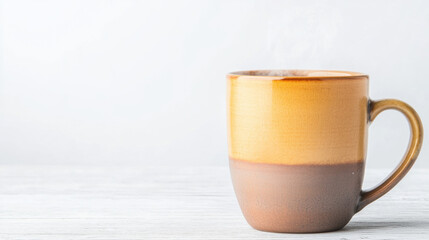 Ceramic coffee mug with steam rising, warm brown color, calm morning atmosphere, minimal style, placed on white wooden table, inviting and cozy feeling