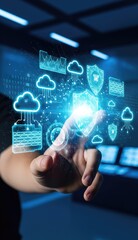 Hand touching glowing digital icons clouds security shields charts firewalls in a dark modern tech setting
