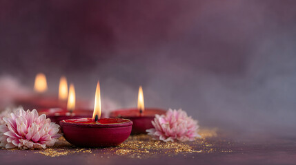 Luxurious Deepavali Oil Lamp Scene on Velvet Fabric — Festive Horizontal Banner with Copy Space