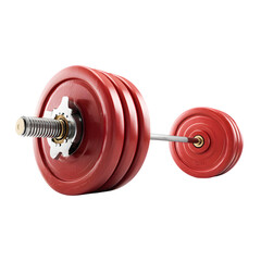 Adjustable red barbell weight set with metal plates and locking collars isolated on transparent background
