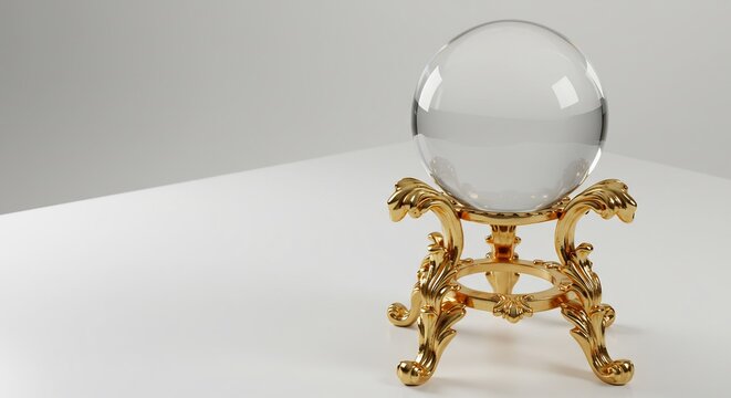Esfera cristalina brilla suavemente sobre peana dorada elegante fondo neutro. AI Generated