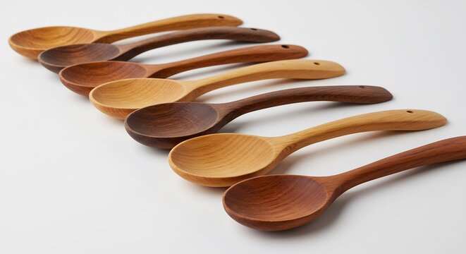 Cucharas madera artesanales alineadas luz natural c�lida tonos miel textura suave. AI Generated