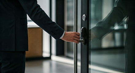 Close-up of a suited man's hand opening a glass door handle in a modern office building