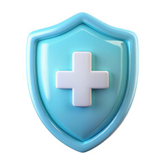 Fototapeta premium Blue shield with white medical cross 3D rendering on transparent background symbolizing protection