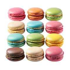 Obraz premium Colorful French Macarons Assortment on Transparent Background, Delicious Dessert Selection on Black