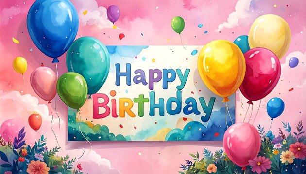 Pastel birthday card with balloons and confetti