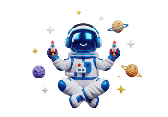 3d astronaut meditating with rockets in space