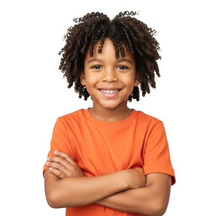 A cheerful young boy with curly dark hair and an orange t shirt arms crossed smiling warmly isolated on transparent background