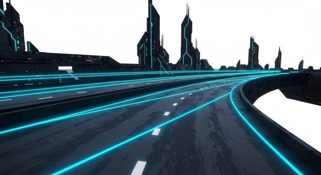 Ciudad futurista brillante autopista ne�n azul carretera. AI Generated