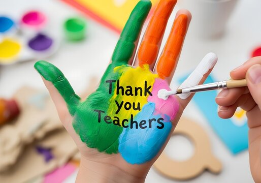 Thank You Teachers message painted on colorful child’s hand with paintbrush, art supplies and creative classroom background, teacher appreciation concept