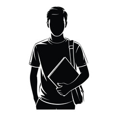 Silhouette of a young man holding a book and wearing a backpack