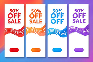 Vibrant 50% off sale banners with dynamic colorful wave elements and call to action buttons for promotions