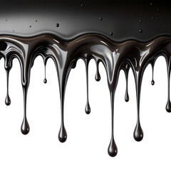 Glossy Black Liquid Dripping Down on Transparent Background, Dark Smooth Drips