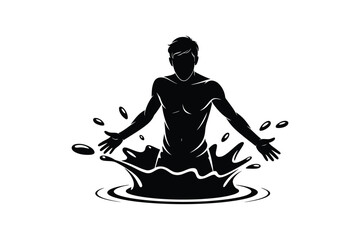 Silhouette of a man emerging from a dynamic water splash with open arms