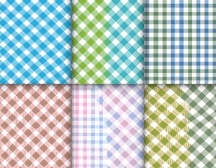 A collection of six gingham patterns in various pastel and neutral colors, showcasing a playful and cheerful aesthetic.