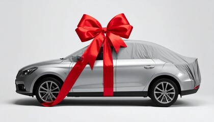 Covered car with red ribbon and bow on gray cloth, symbolizing surprise and celebration.