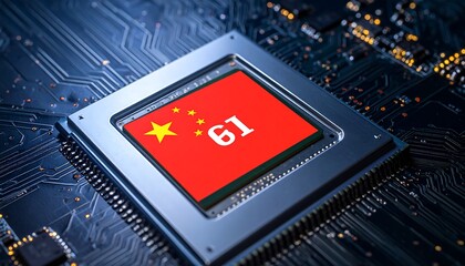 Close-up of a central processing unit (CPU) with a red square featuring yellow stars and the numbers "61," signifying technology and a potential nation
