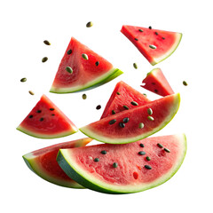 Watermelon Slices with Seeds Floating on Transparent Background Isolated on Black Backdrop