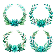 Watercolor Succulent Plant Wreath Collection in Teal and Green for Wedding Invitations and Botanical Design Projects