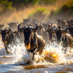 A large herd of wildebeest dashes through a river, creating a dynamic display of wildlife in action.