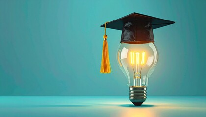Glowing light bulb wearing graduation cap with tassel on teal background, symbolizing enlightened learning.