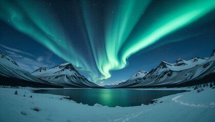 Majestic aurora borealis dancing over a tranquil lake surrounded by snowcovered mountains under a starry sky