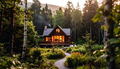 A wooden cabin nestled among dense trees, illuminated by warm interior lights, with a winding path leading to the front door