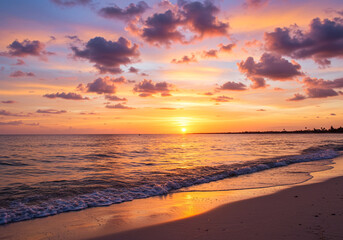 Obraz premium Breathtaking sunset paints the ocean and sandy beach with vibrant hues of orange, pink, and purple