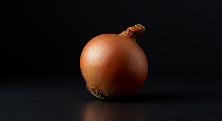 Single brown onion on a dark surface, showcasing its golden skin and shape