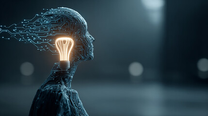 A conceptual image of a human-like figure made of circuit lines and a glowing light bulb