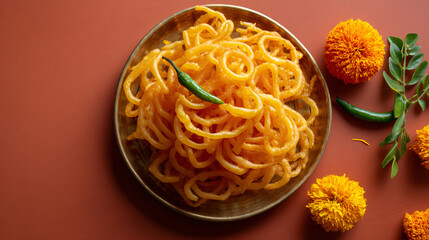 Dussehra Fafda and Jalebi with Chili and Marigold on Brass Plate — Warm Food Banner with Copy Space