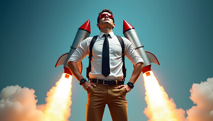Businessman with jetpack soaring towards success