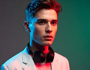 Close-up portrait of a young man, bathed in vibrant red and blue light, showcasing a stylish white jacket and headphones.