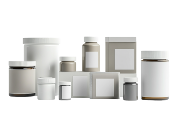 Different capsules and tablets with blank label isolated on transparent background