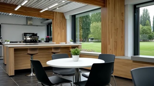 Charming caf&eacute; interior with natural light and modern design, perfect for relaxing or working in a serene space surrounded by greenery