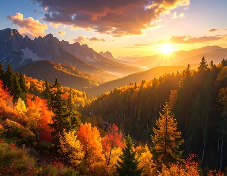 A breathtaking autumnal vista showcases vibrant foliage and a majestic mountain range bathed in golden sunlight.