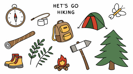 Let's go hiking adventure gear collection for outdoor camping and exploration fun vector style