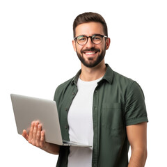 Smiling young man with beard and glasses holding a laptop computer presenting technology isolated on transparent background
