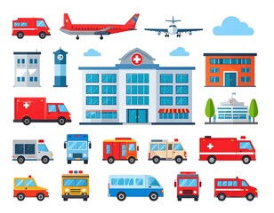Collection of diverse flat design illustrations of various vehicles and buildings, including an ambulance, an airplane, and a hospital.
