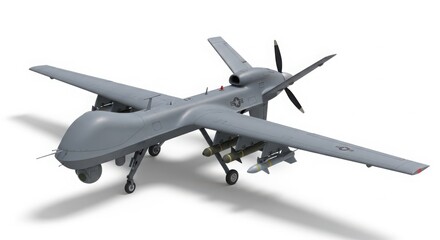 Unmanned aerial vehicle drone with propeller and landing gear detailed photographic representation isolated on white background