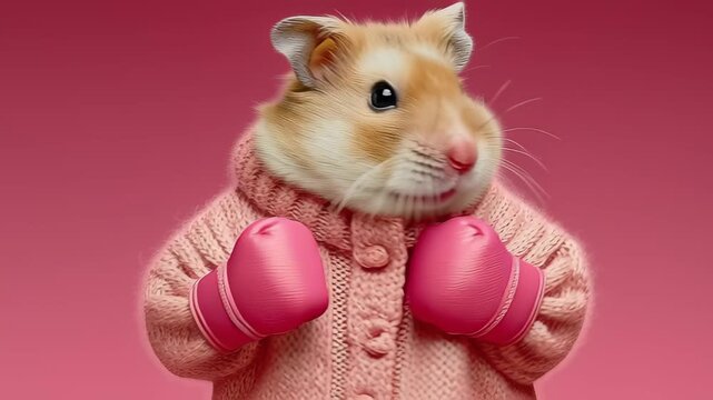 Hamster in Pink Sweater and Gloves Has Fun Boxing