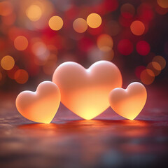 Three glowing heart shapes illuminated with warm light and bokeh background for romance