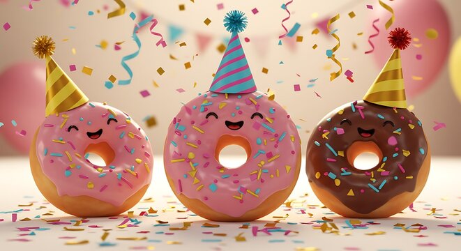 Three adorable cartoon donuts with smiling faces wear party hats during a festive birthday celebration with confetti. - Powered by Adobe
