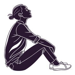 Fototapeta premium Stylized silhouette of a woman sitting with her legs crossed looking upwards with a thoughtful expression