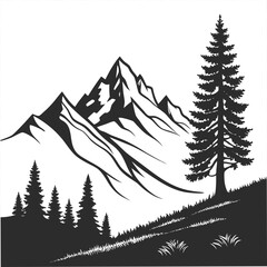 Stylized black and white silhouette of majestic mountain peaks with evergreen trees and grassy slopes