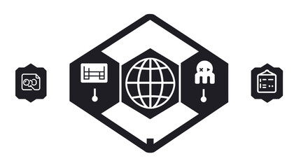 Graphic illustration of a diamond shape containing a globe, flanked by icons representing different business or technology elements.