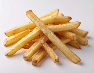 Fotografia de batatas fritas palito, sobre superf&iacute;cie branca isoladas em fundo branco